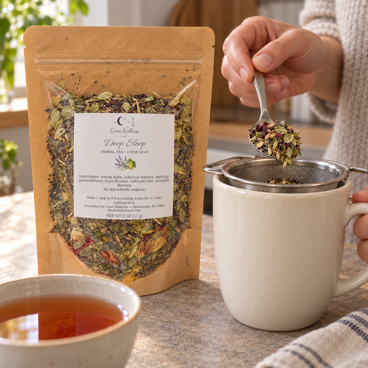 Deep Sleep loose leaf tea being added to an infuser