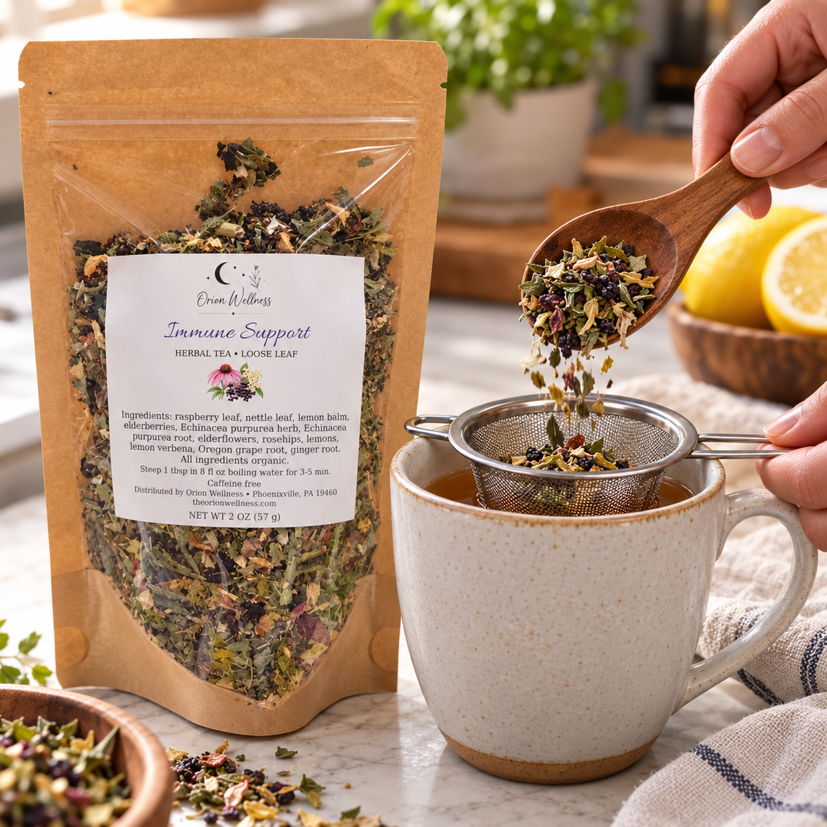 Orion Wellness Immune Support 2 oz loose leaf tea being prepared with an infuser