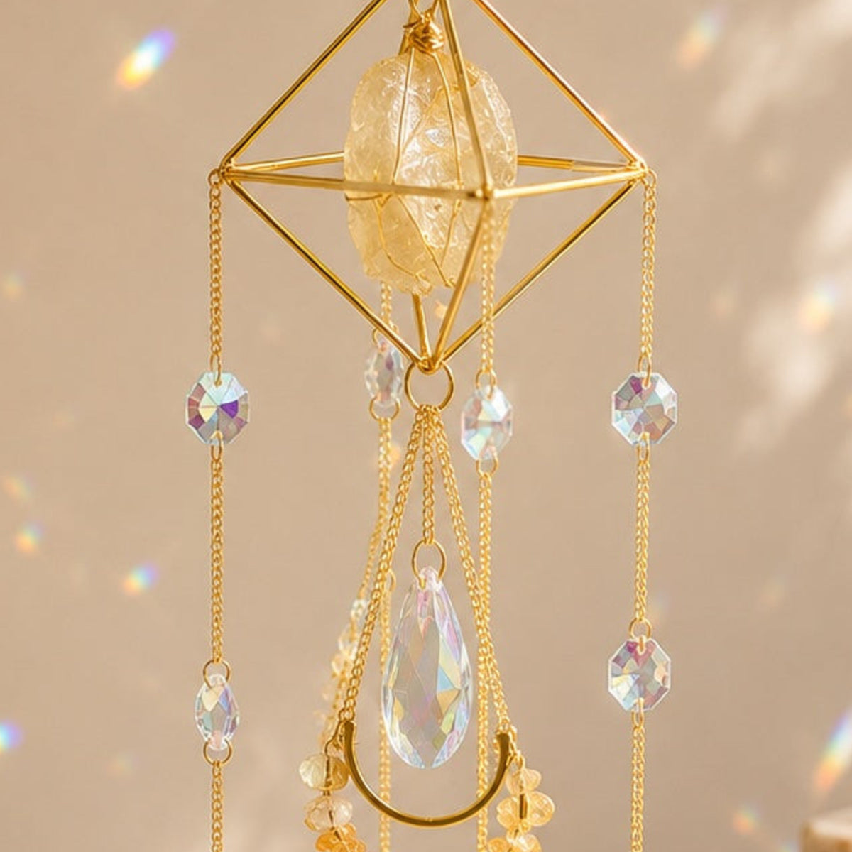 Close-up detail of Celestial Citrine Sun Catcher crystal and hanging prisms
