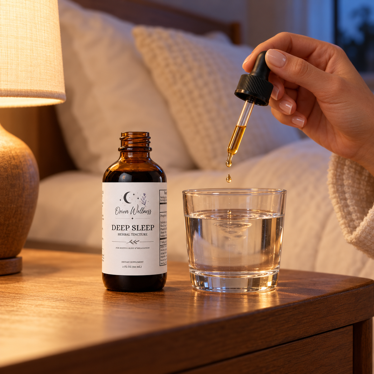 Orion Wellness Deep Sleep Herbal Tincture, 2 oz amber bottle with dropper being added to a glass of water at bedtime.