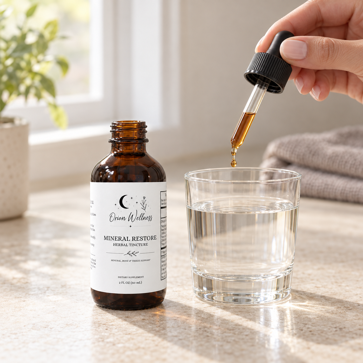 Orion Wellness Mineral Restore Herbal Tincture, 2 oz amber bottle with dropper being added to a glass of water.