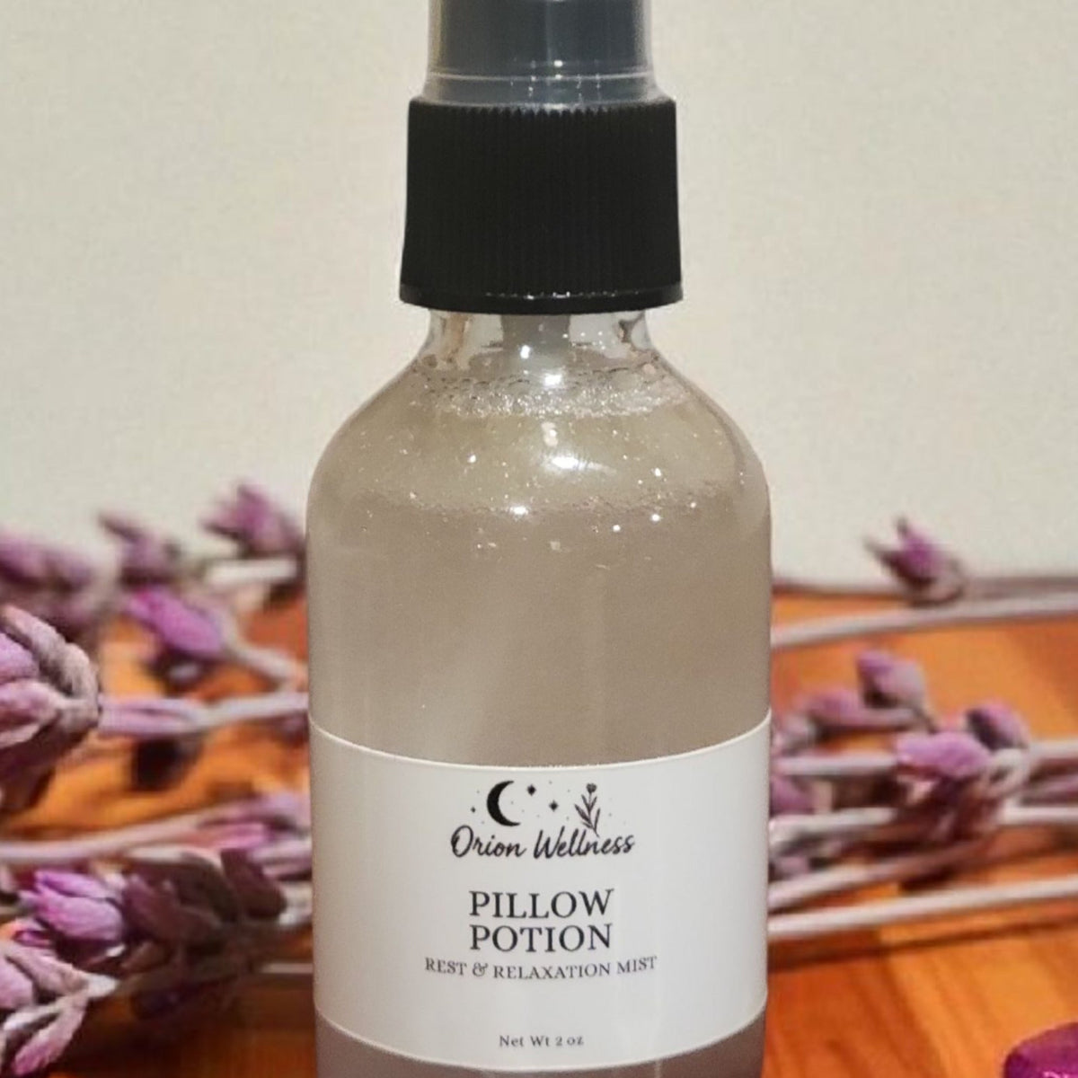 Close-up of Pillow Potion label by Orion Wellness