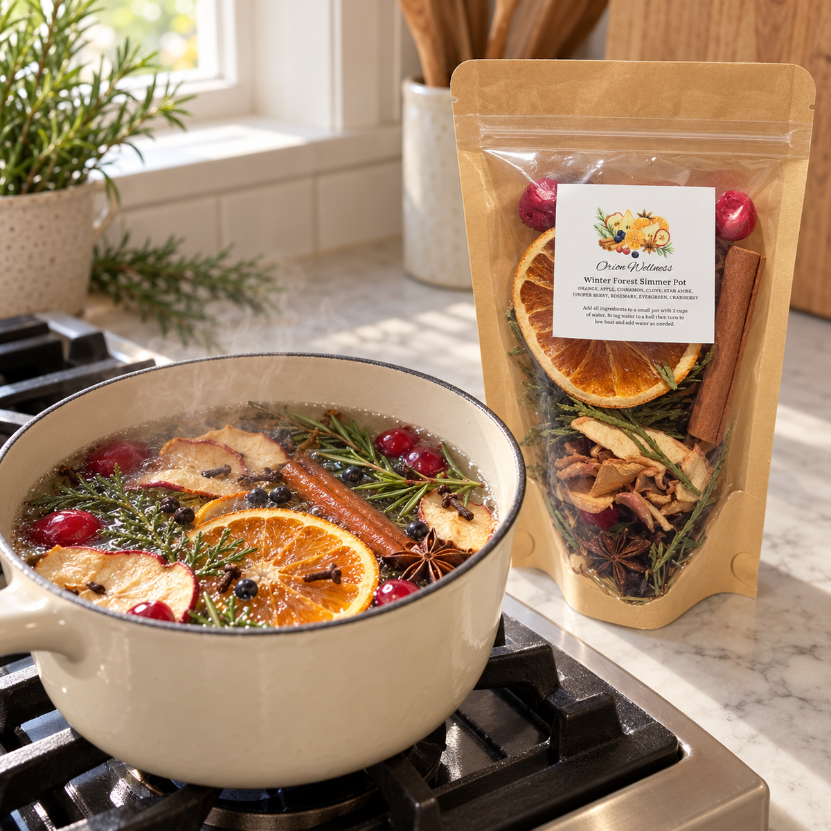 Winter Forest botanicals simmering in a saucepan beside the product pouch