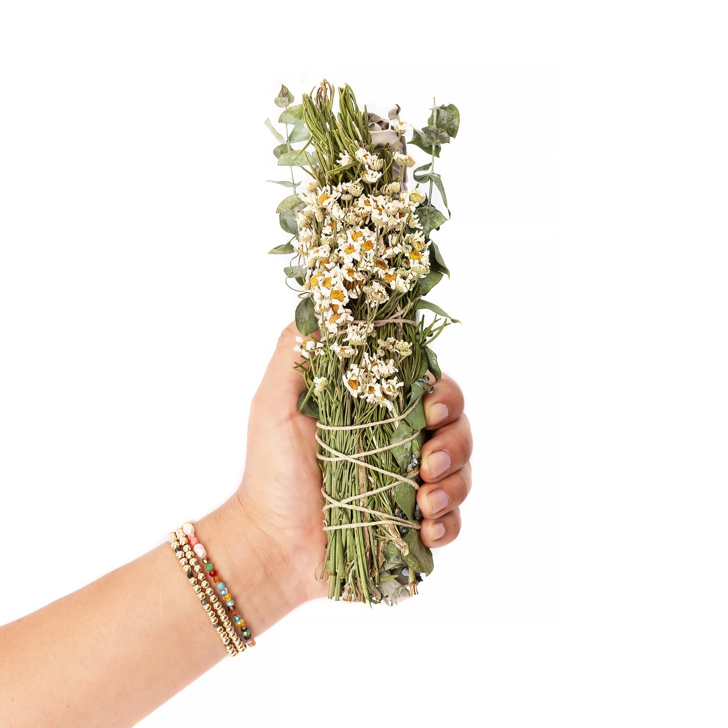 Chamomile, Eucalyptus, and Rosemary Wrapped 8" Sage Bundle