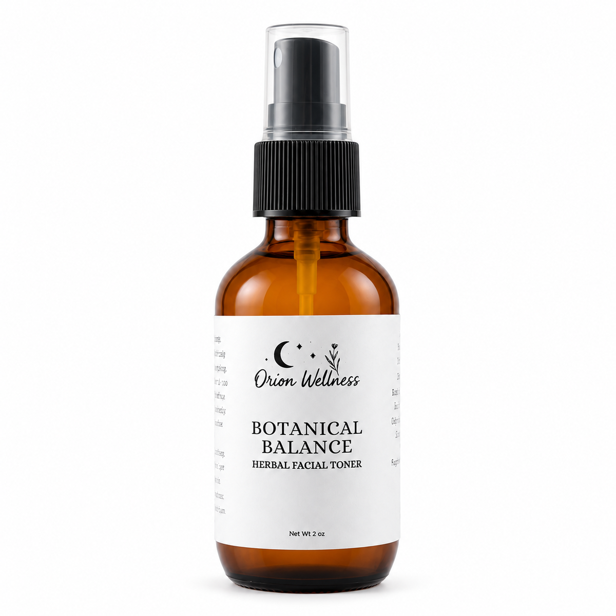 Orion Wellness Botanical Balance Facial Mist in an amber spray bottle with a black pump and clear cap on a white background.