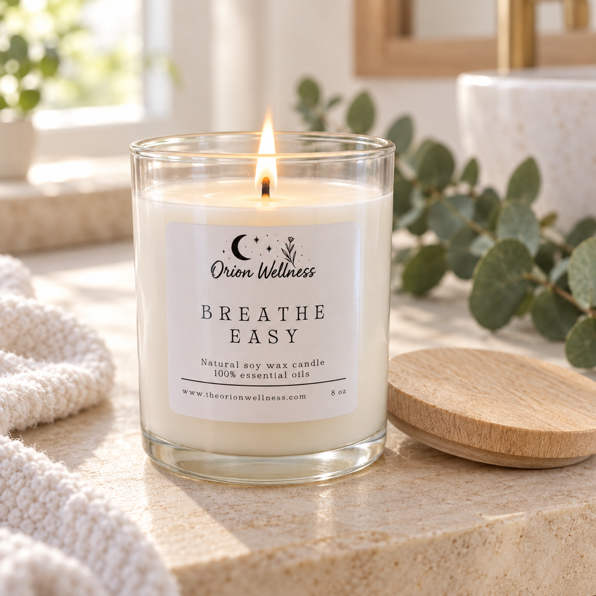 Breathe Easy Candle lit and in use in a warm home setting