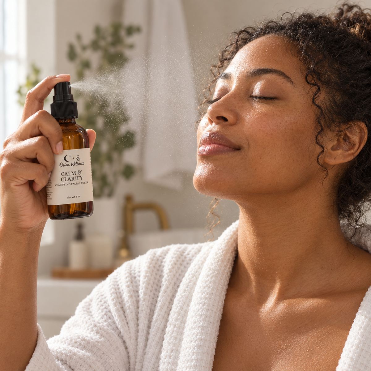 Calm & Clarify Facial Mist shown in a natural on-skin application