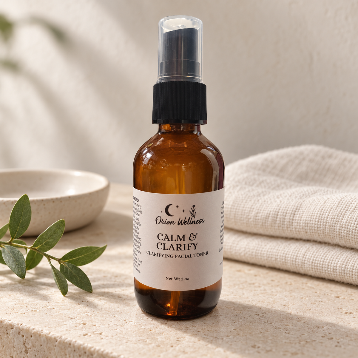 Calm & Clarify Facial Mist in a warm botanical lifestyle setting