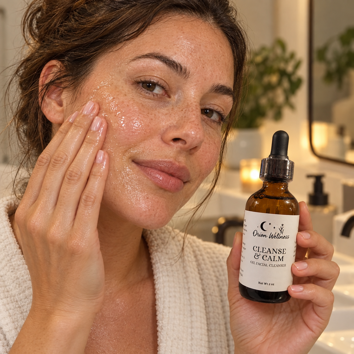 Cleanse & Calm Oil Cleanser shown in a natural on-skin application