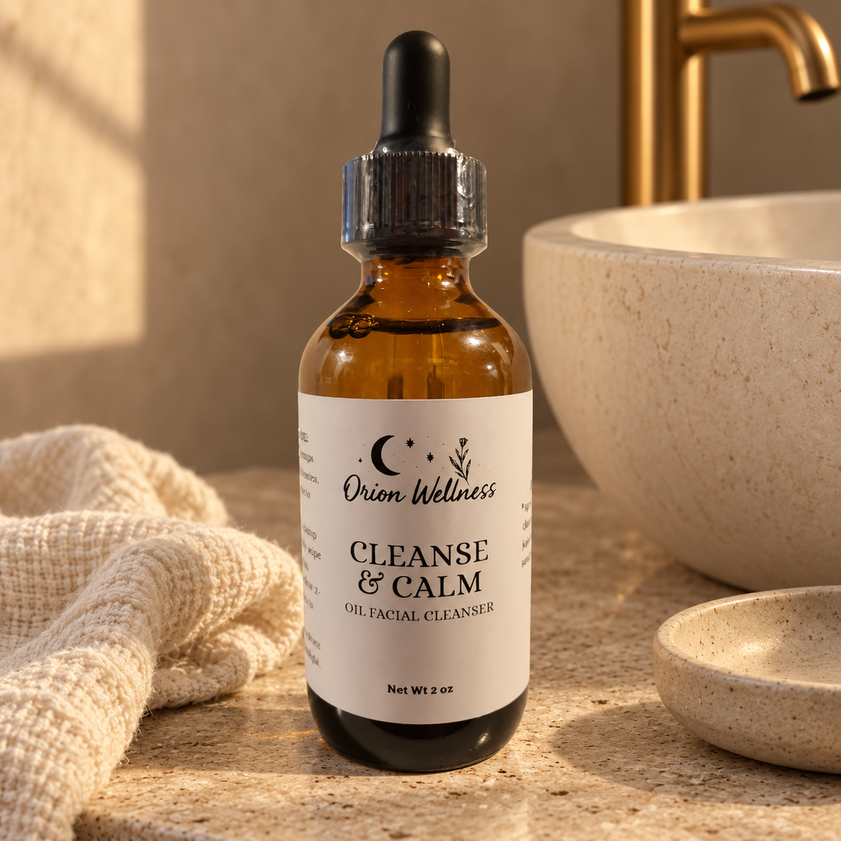 Cleanse & Calm Oil Cleanser in a warm botanical lifestyle setting