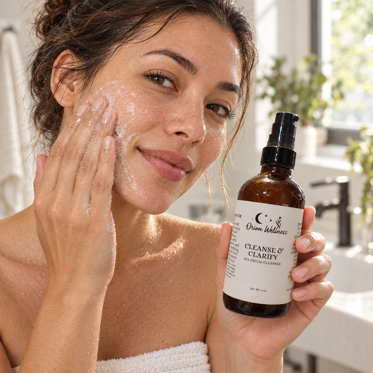 Cleanse & Clarify Face Wash shown in a natural on-skin application