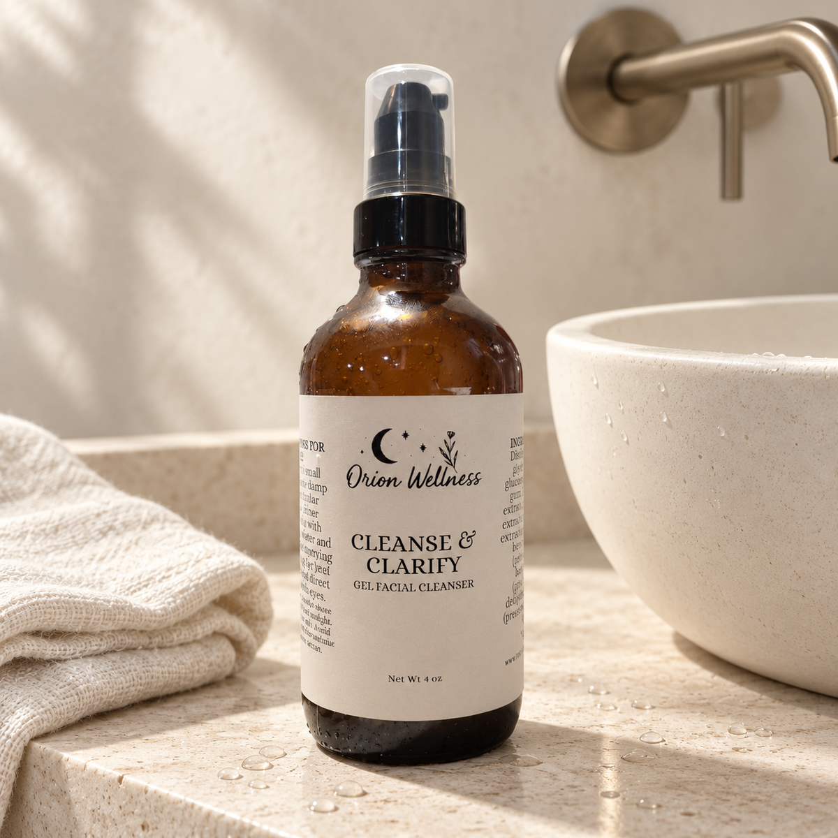 Cleanse & Clarify Face Wash in a warm botanical lifestyle setting