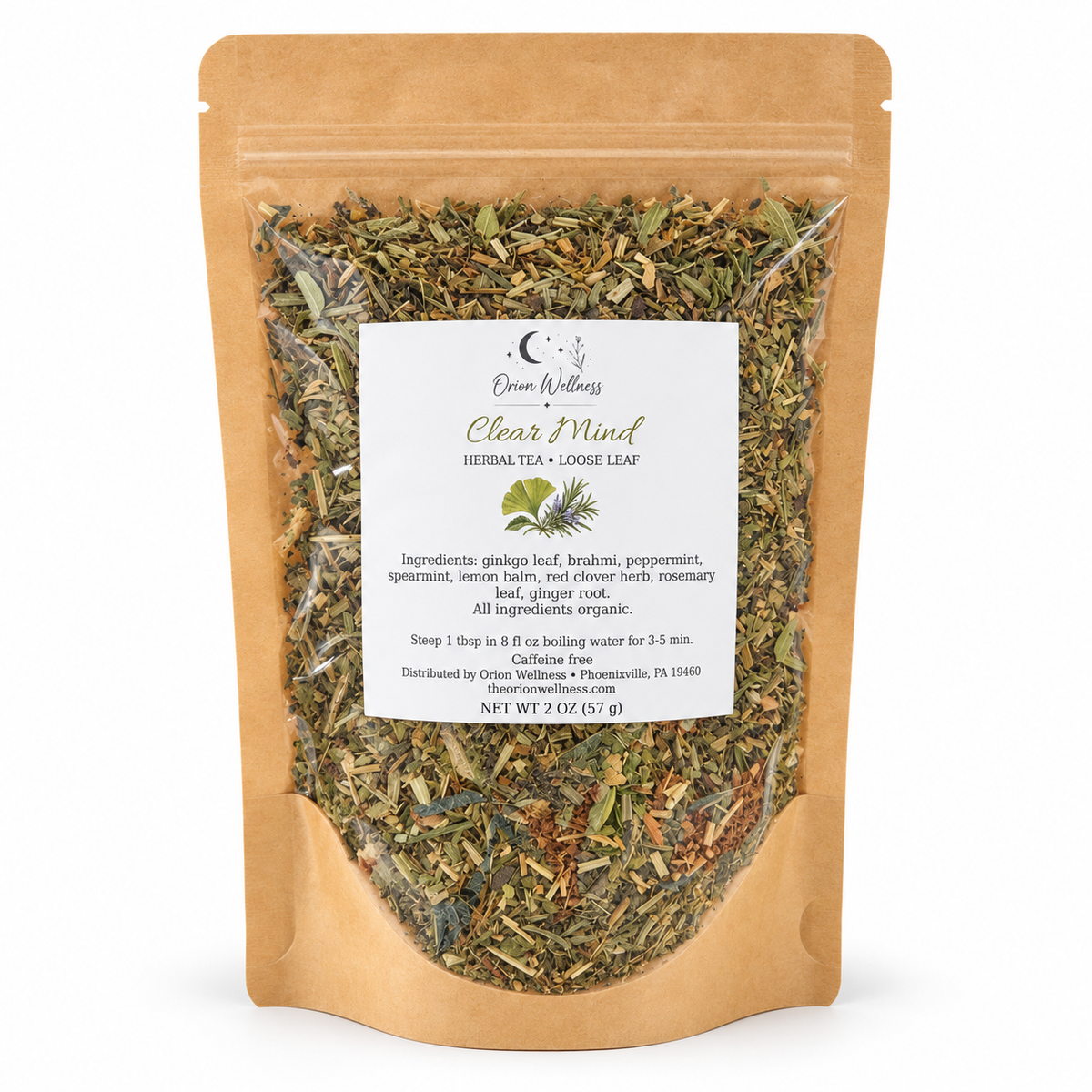 Orion Wellness Clear Mind 2 oz loose leaf tea on white background