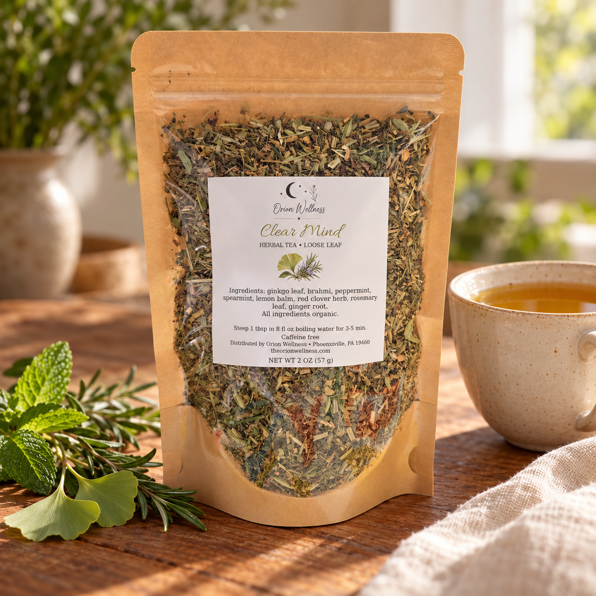 Orion Wellness Clear Mind 2 oz loose leaf tea in a lifestyle setting