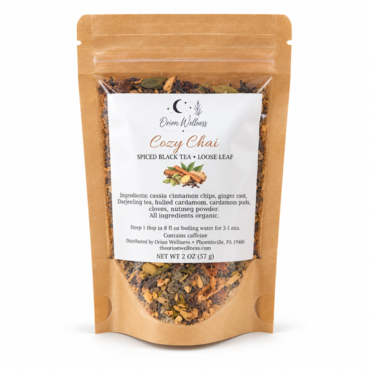 Orion Wellness cozy chai loose leaf tea, white background