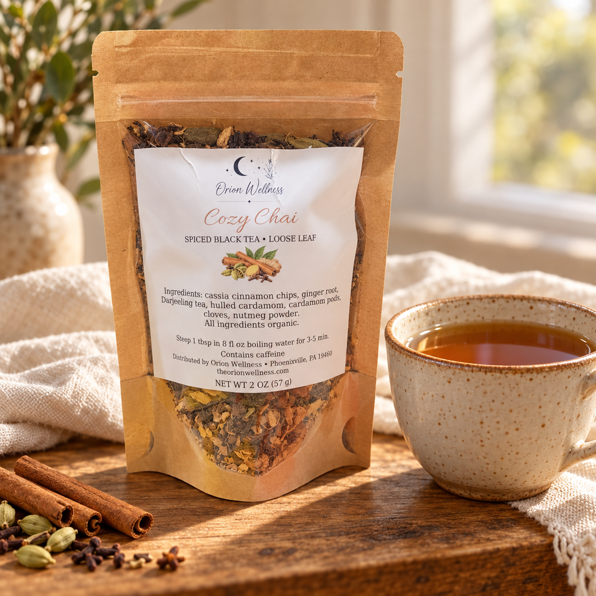 Orion Wellness cozy chai loose leaf tea, lifestyle setting