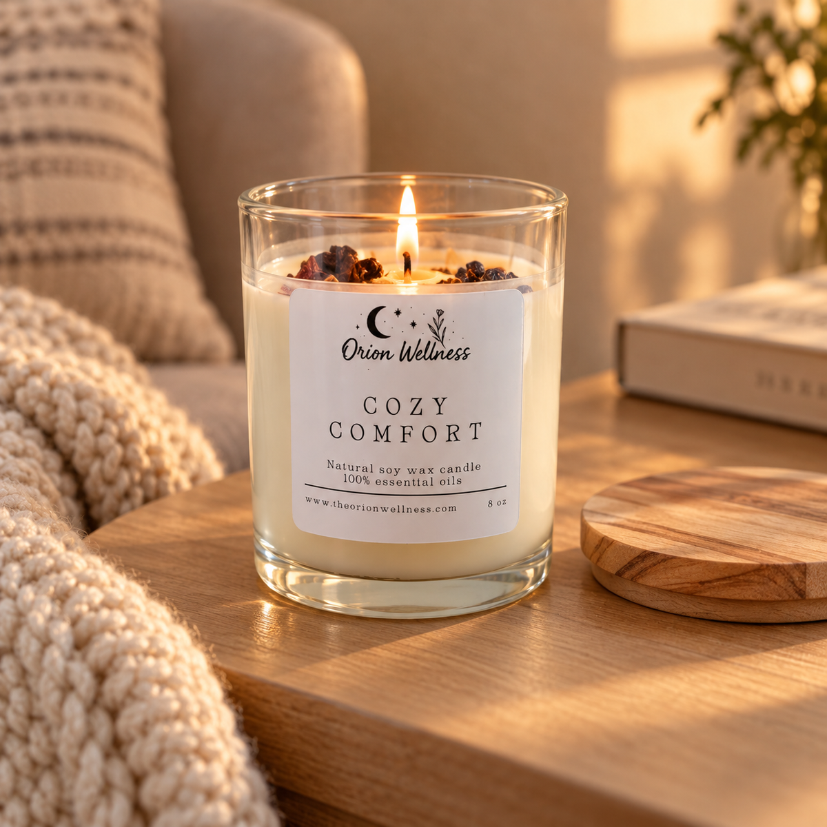 Cozy Comfort Candle lit and in use in a warm home setting