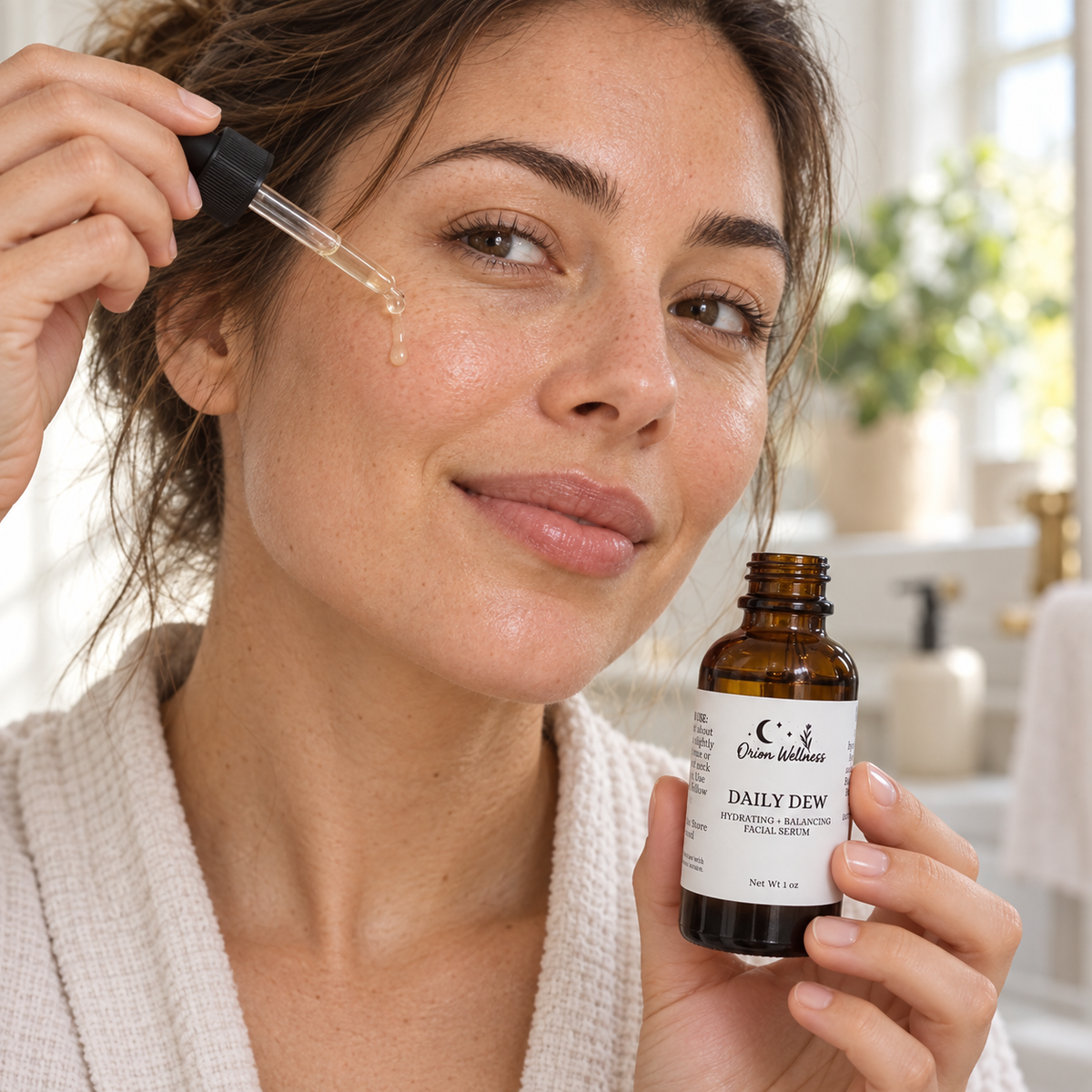 Daily Dew Facial Serum shown in a natural on-skin application