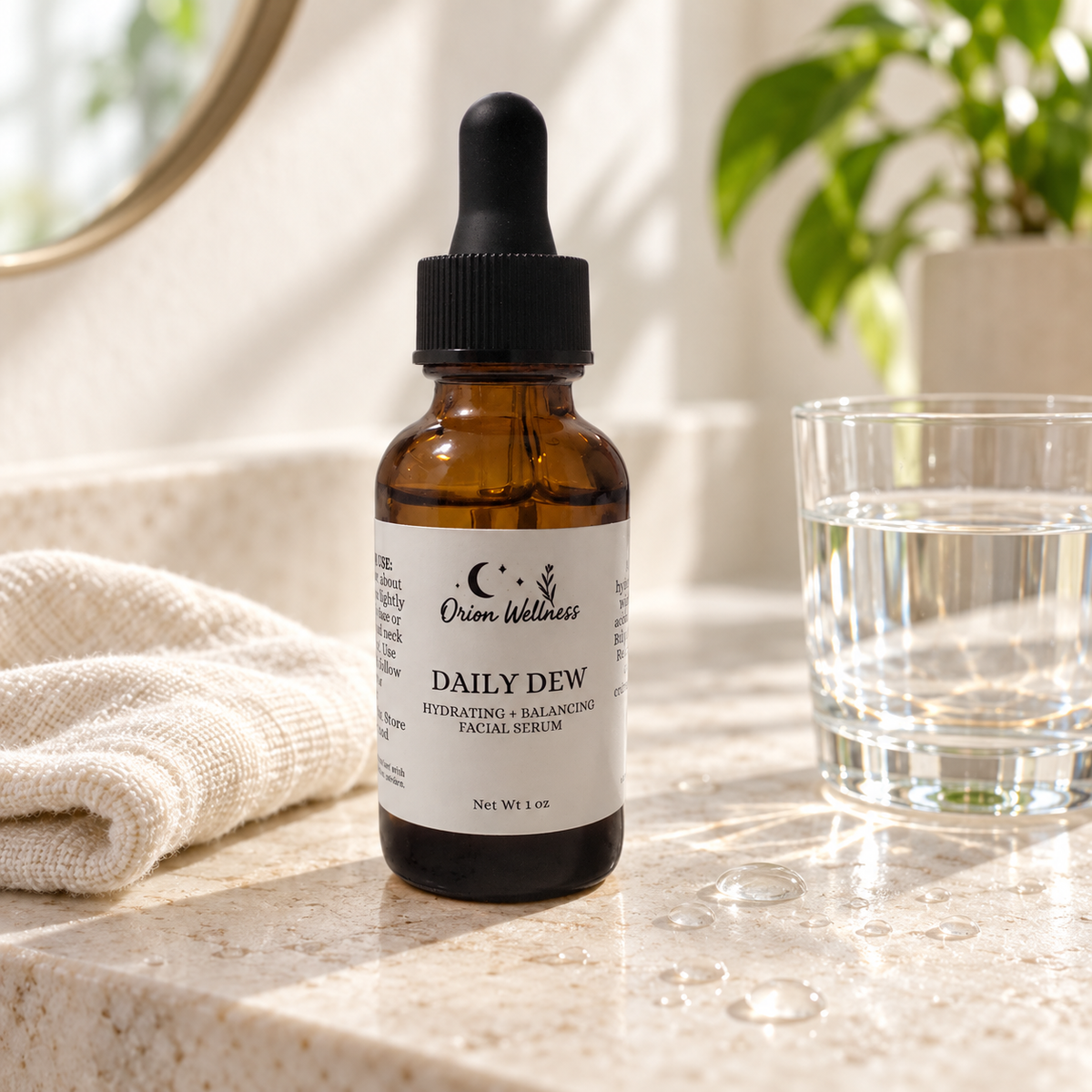 Daily Dew Facial Serum in a warm botanical lifestyle setting