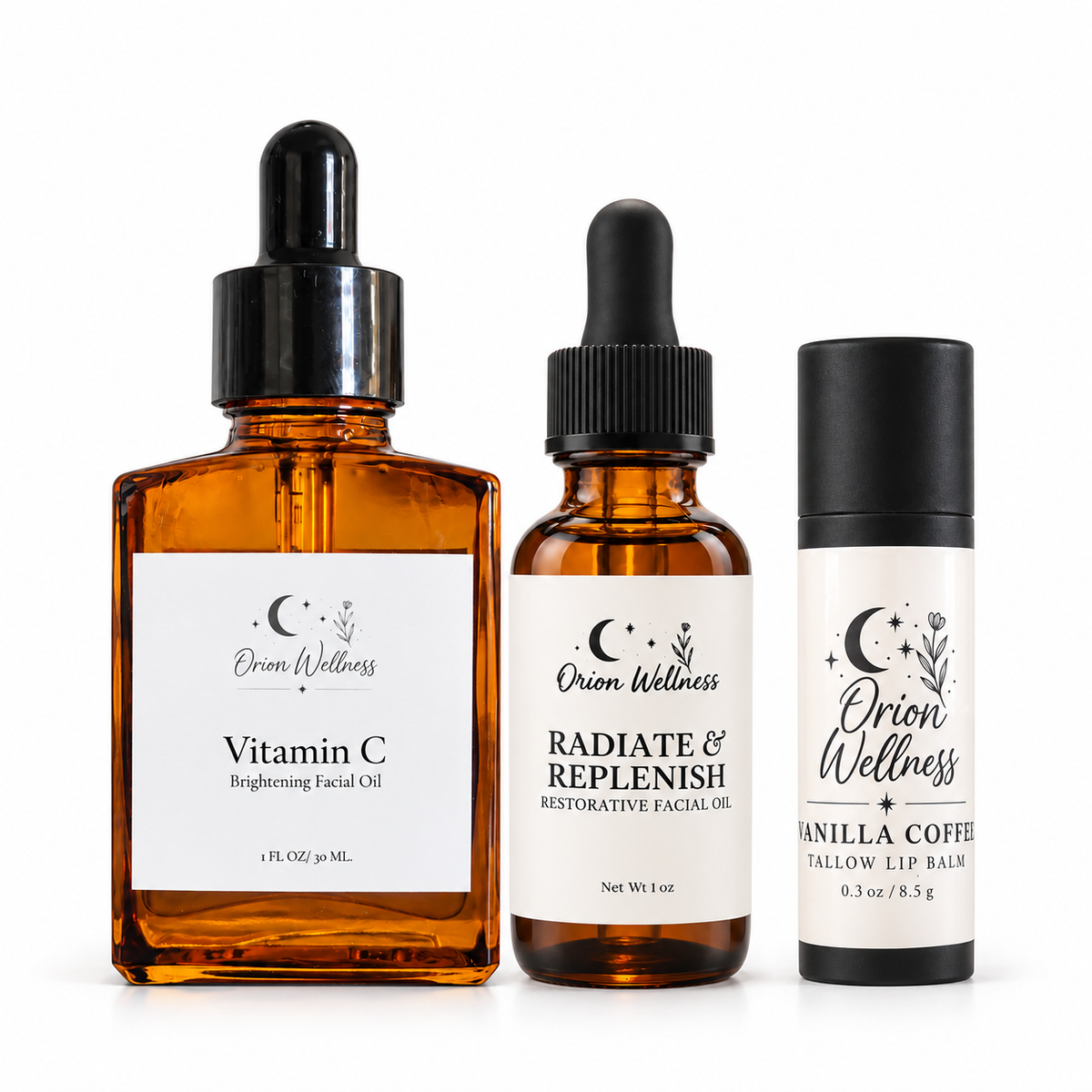 Vitamin C Brightening Facial Oil 1 oz, Radiate & Replenish Facial Oil 1 oz, Vanilla Coffee Tallow Lip Balm 0.3 oz together on a white background