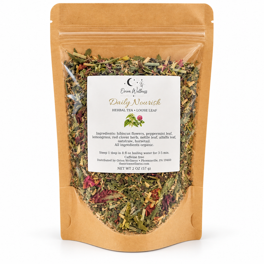 Orion Wellness daily nourish loose leaf tea, white background