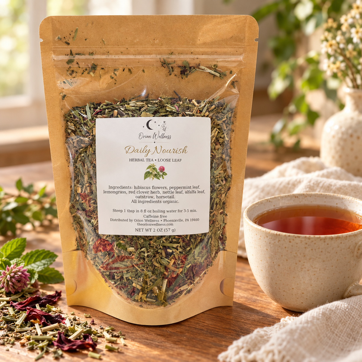 Orion Wellness daily nourish loose leaf tea, lifestyle setting