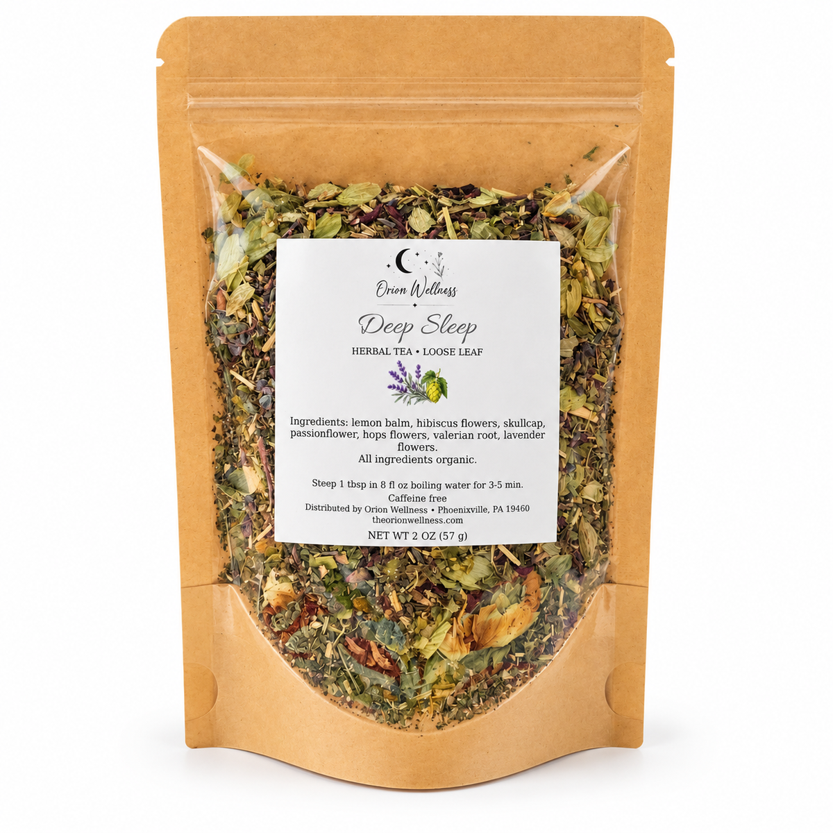 Orion Wellness deep sleep tea loose leaf tea, white background
