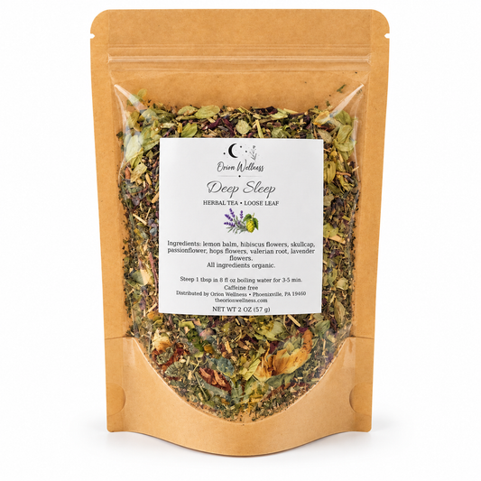 Orion Wellness deep sleep tea loose leaf tea, white background