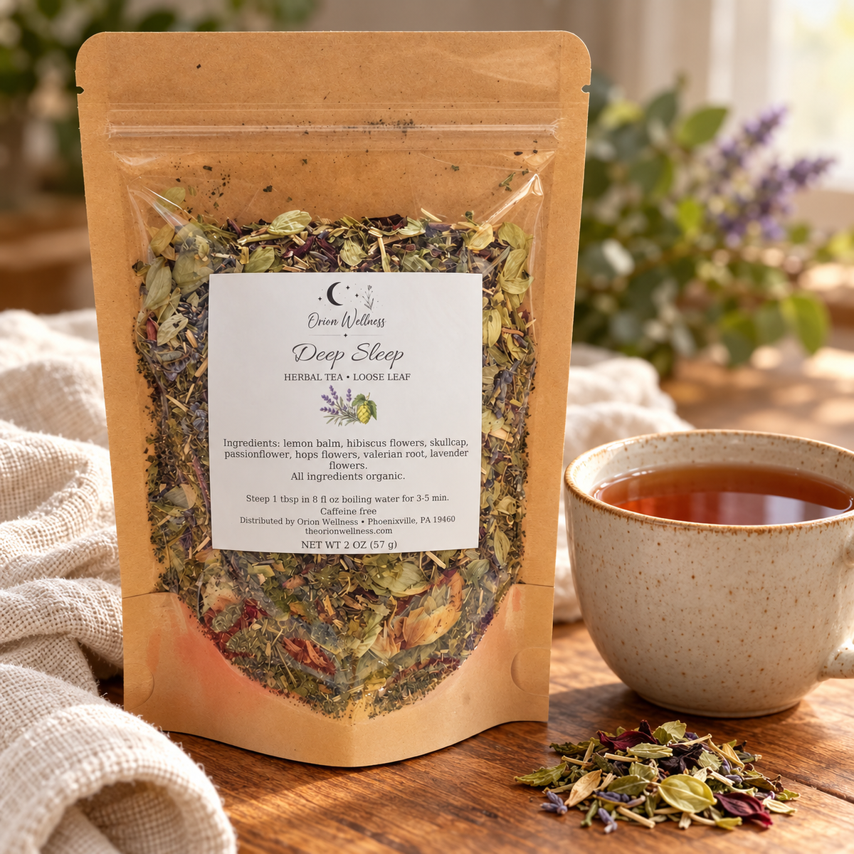 Orion Wellness deep sleep tea loose leaf tea, lifestyle setting