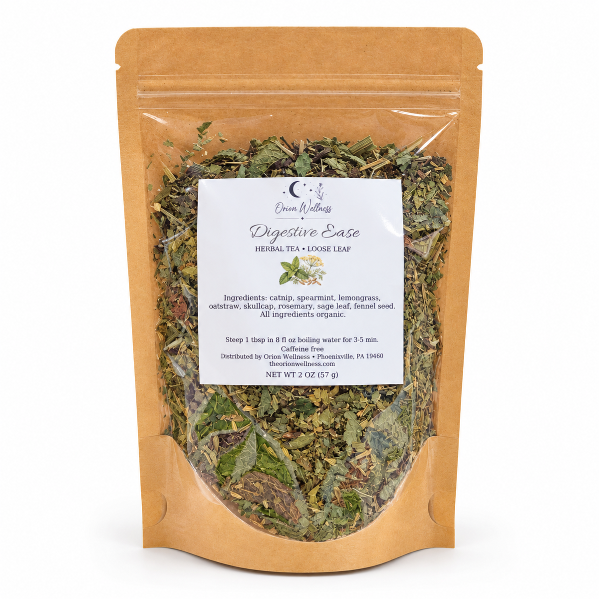 Orion Wellness Digestive Ease 2 oz loose leaf tea on white background