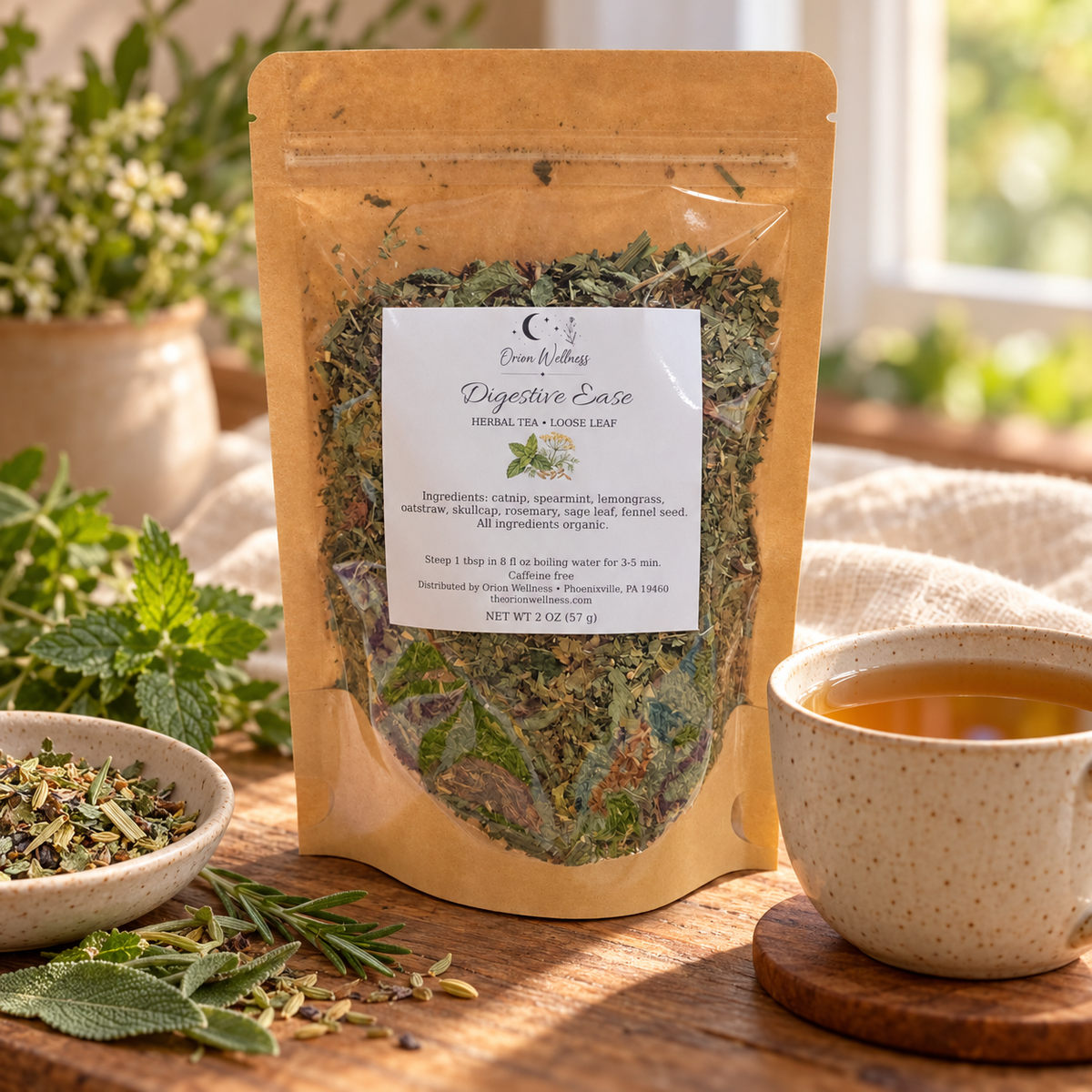 Orion Wellness Digestive Ease 2 oz loose leaf tea in a lifestyle setting