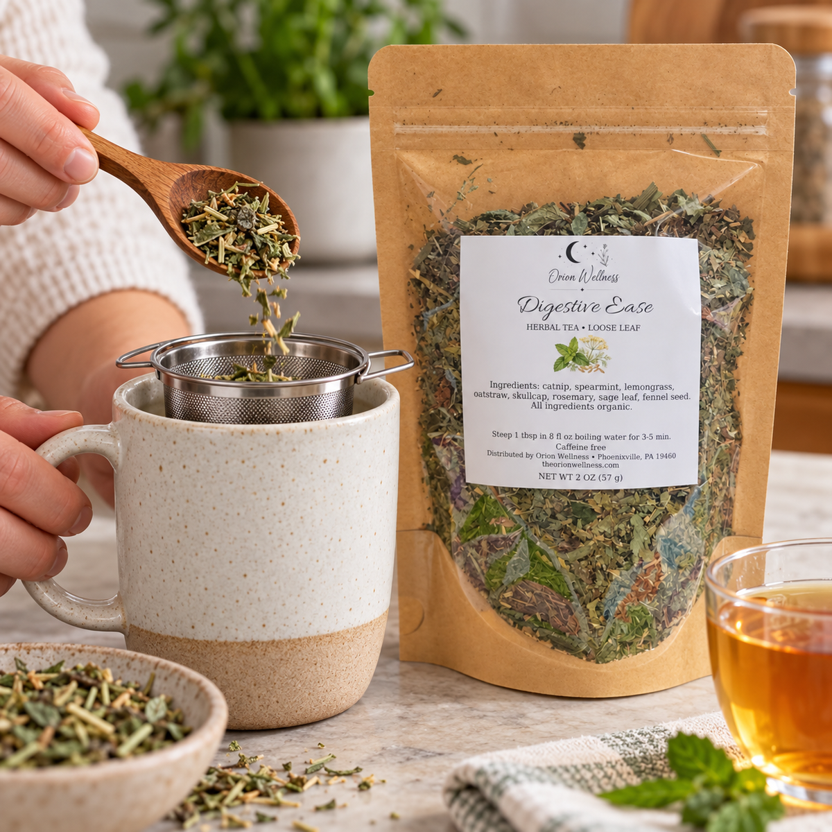 Orion Wellness Digestive Ease 2 oz loose leaf tea being prepared with an infuser