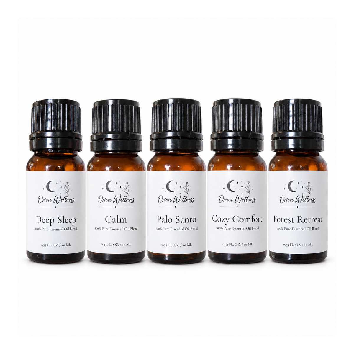 Orion Wellness evening five bottle diffuser blend set on a white background
