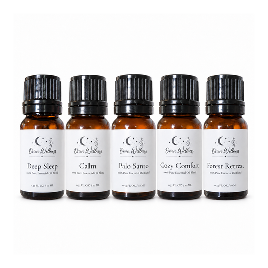Orion Wellness evening five bottle diffuser blend set on a white background