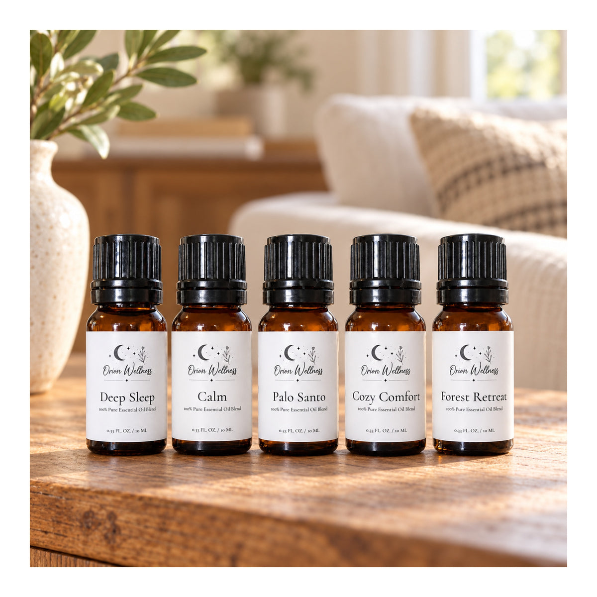 Orion Wellness evening diffuser blend set in a home setting