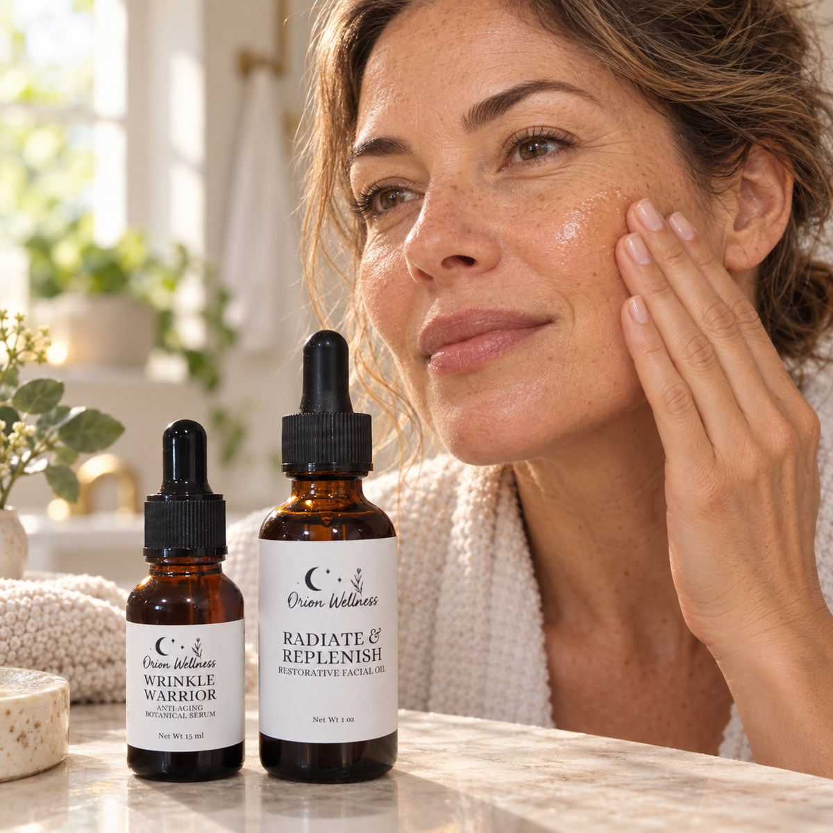 Facial Oil Duo shown in a natural on-skin application
