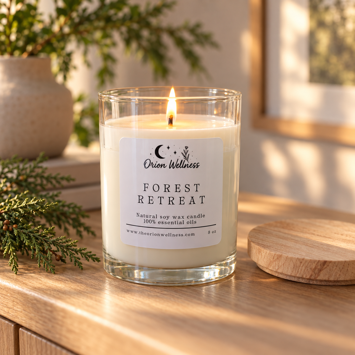 Forest Retreat Candle lit and in use in a warm home setting