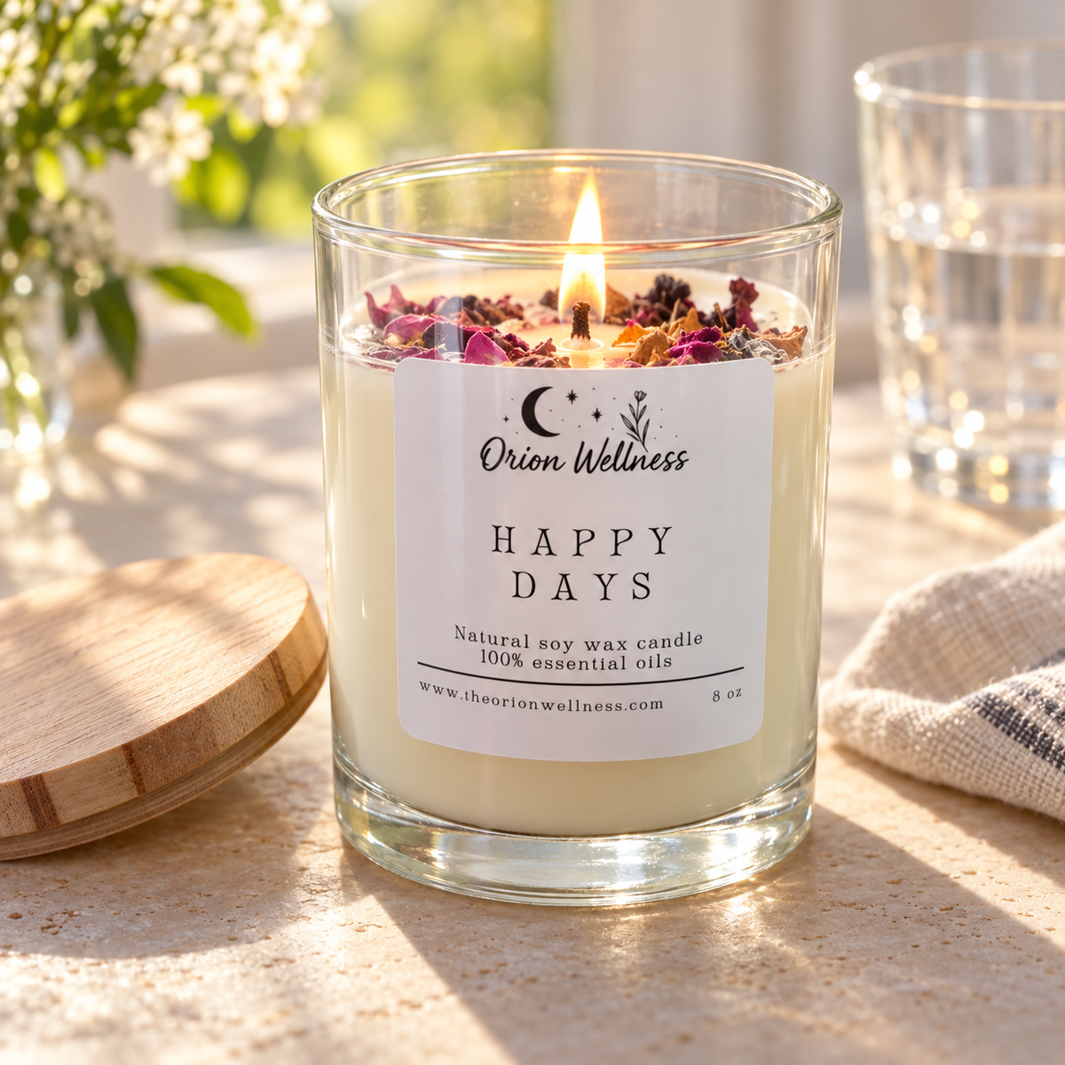 Happy Days Candle lit and in use in a warm home setting
