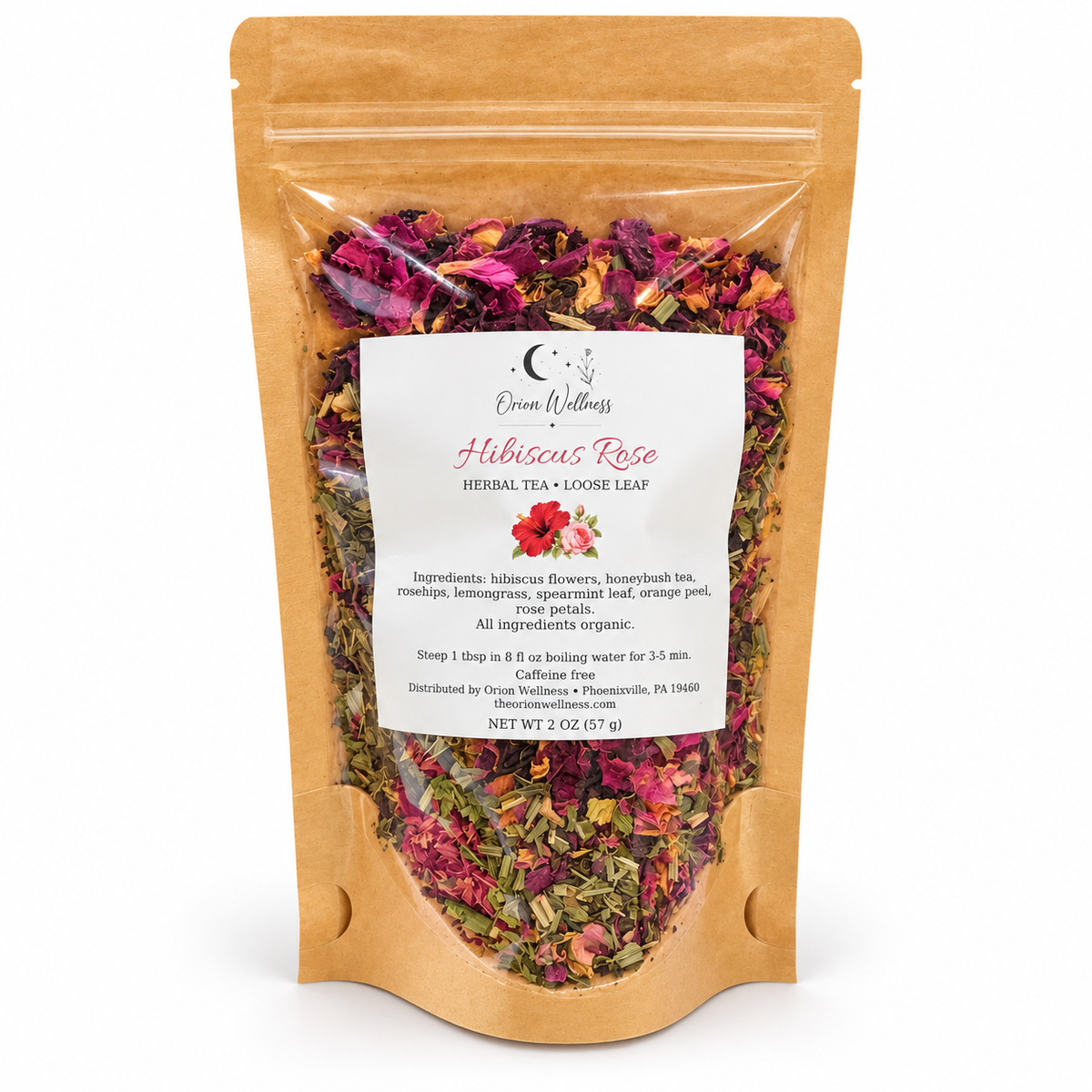 Orion Wellness Hibiscus Rose 2 oz loose leaf tea on white background