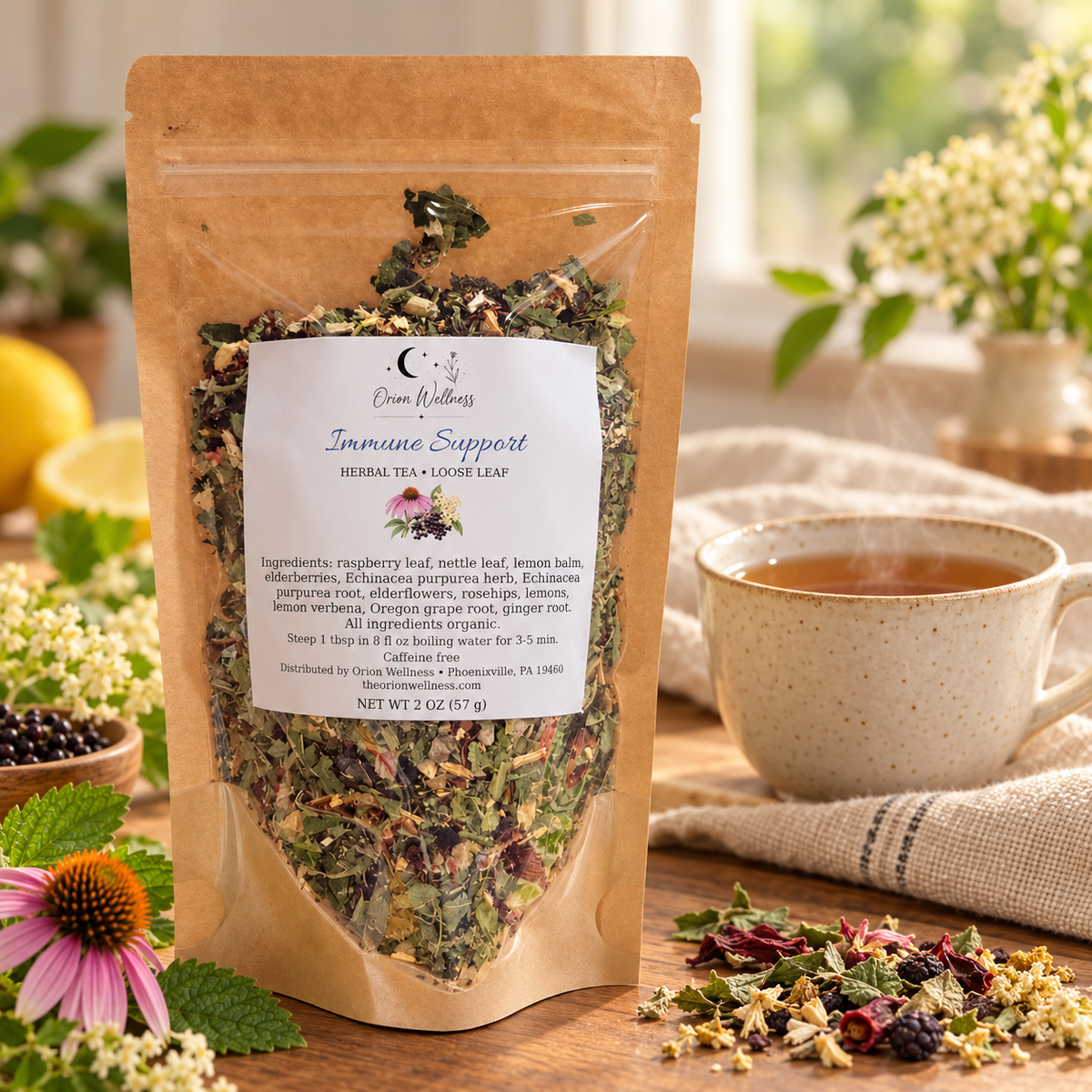 Orion Wellness Immune Support 2 oz loose leaf tea in a lifestyle setting