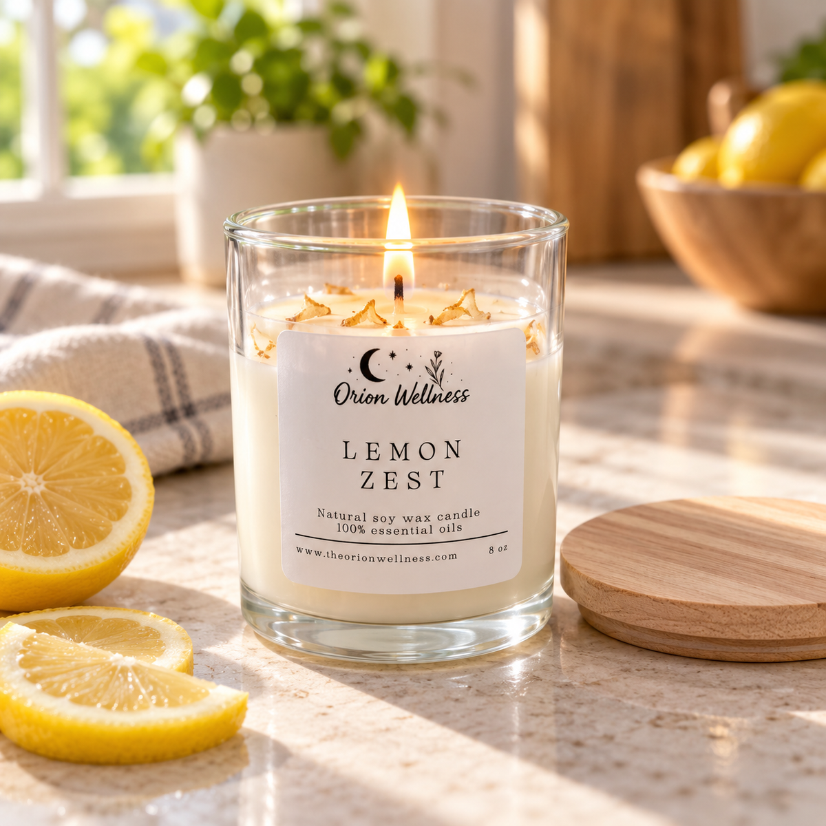 Lemon Zest Candle lit and in use in a warm home setting