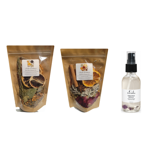 Moon Ritual Set with actual New Moon and Full Moon simmer pots and Smudge Spray on white