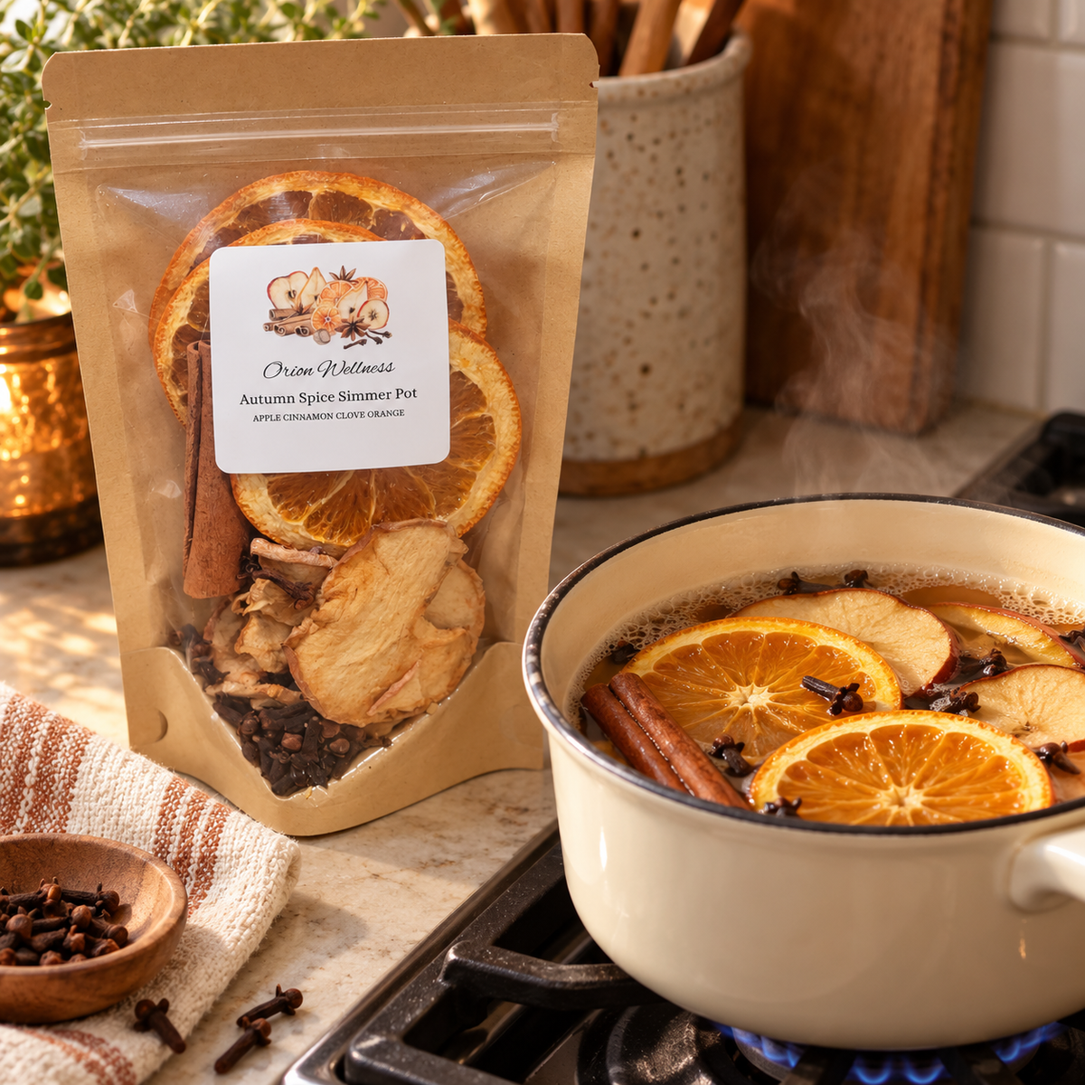 Included Autumn Spice blend simmering in a saucepan