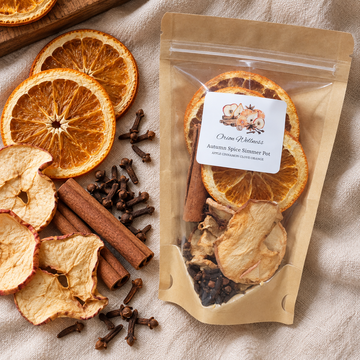 Texture of dried apple, orange, cinnamon and cloves in Autumn Spice
