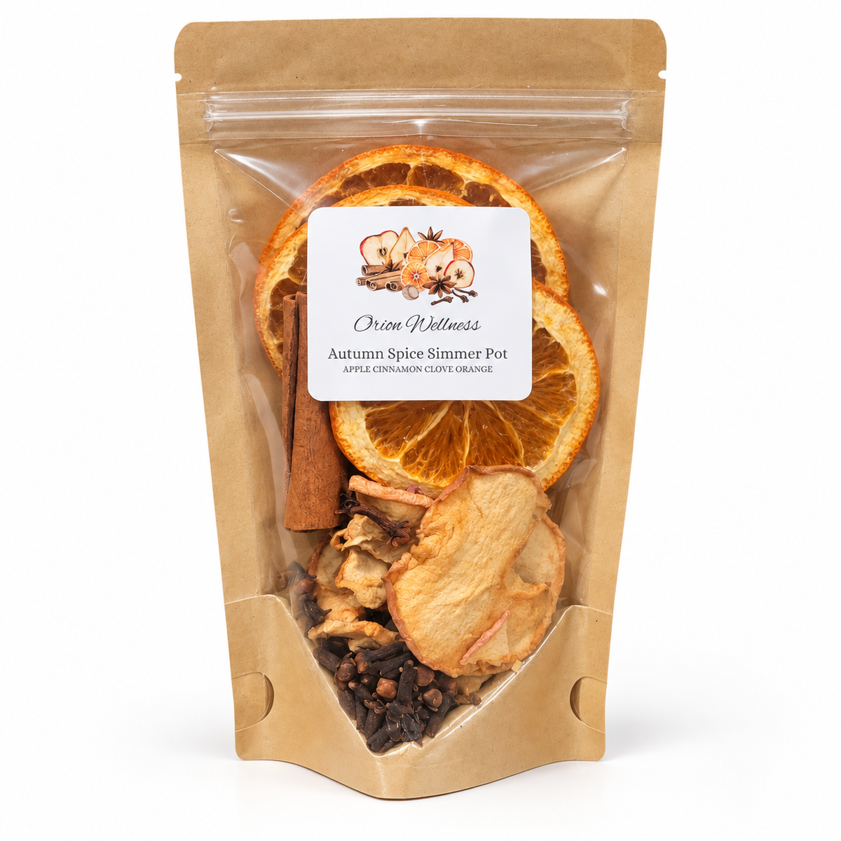 Autumn Spice Simmer Pot kraft pouch on a white background