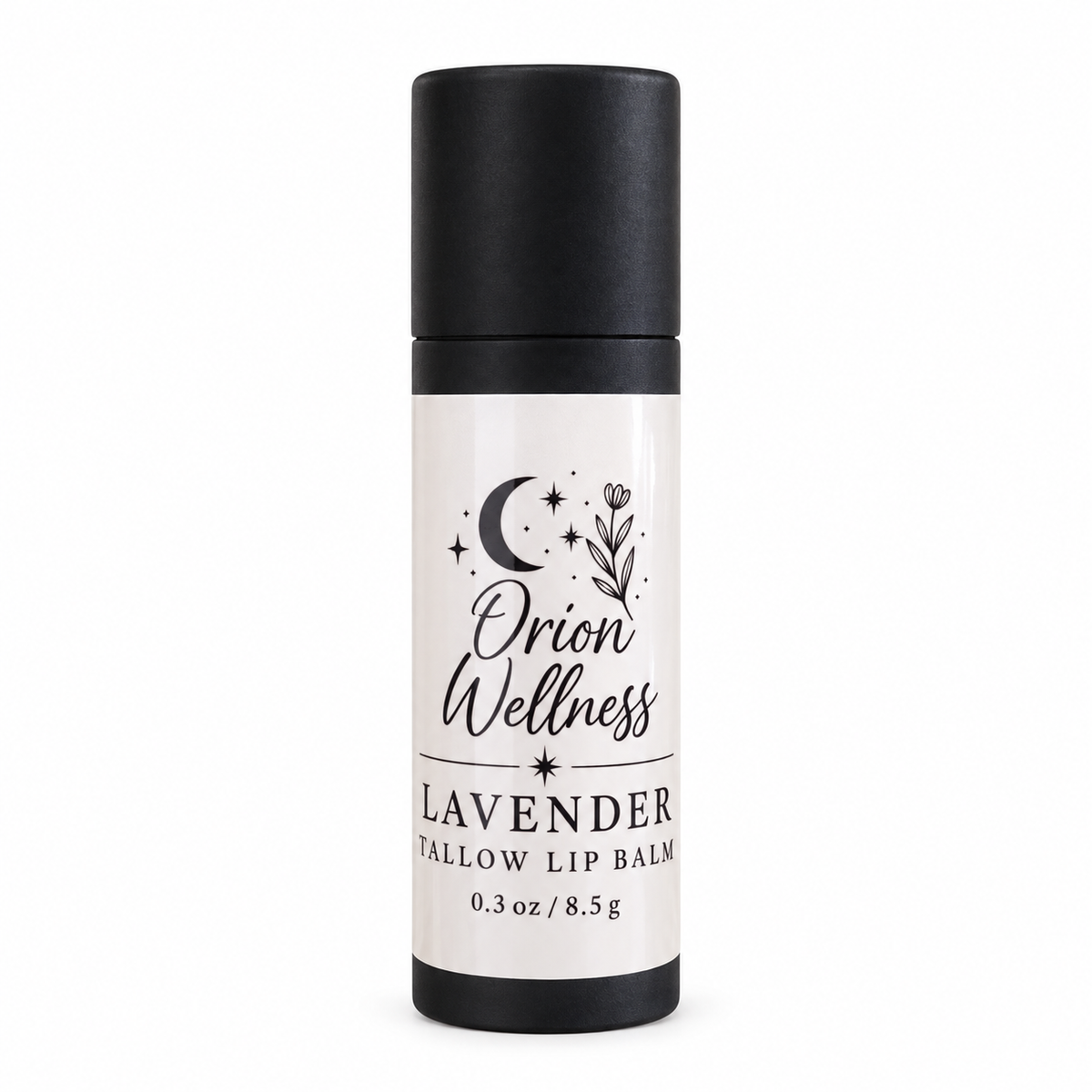 Orion Wellness Lavender Tallow Lip Balm, 0.3 oz, on a white background