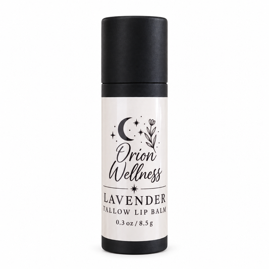 Orion Wellness Lavender Tallow Lip Balm, 0.3 oz, on a white background