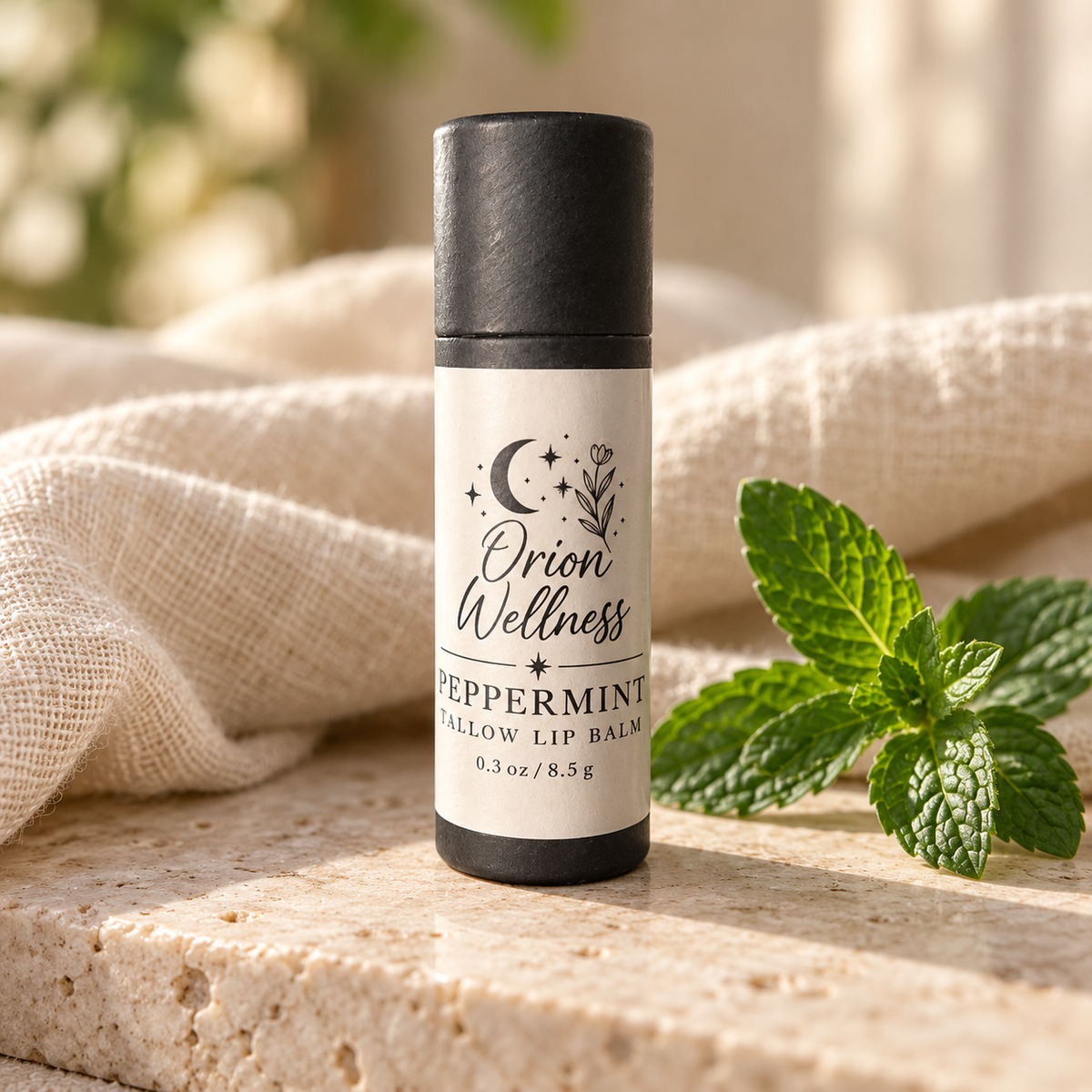 Peppermint Tallow Lip Balm styled with mint and natural linen