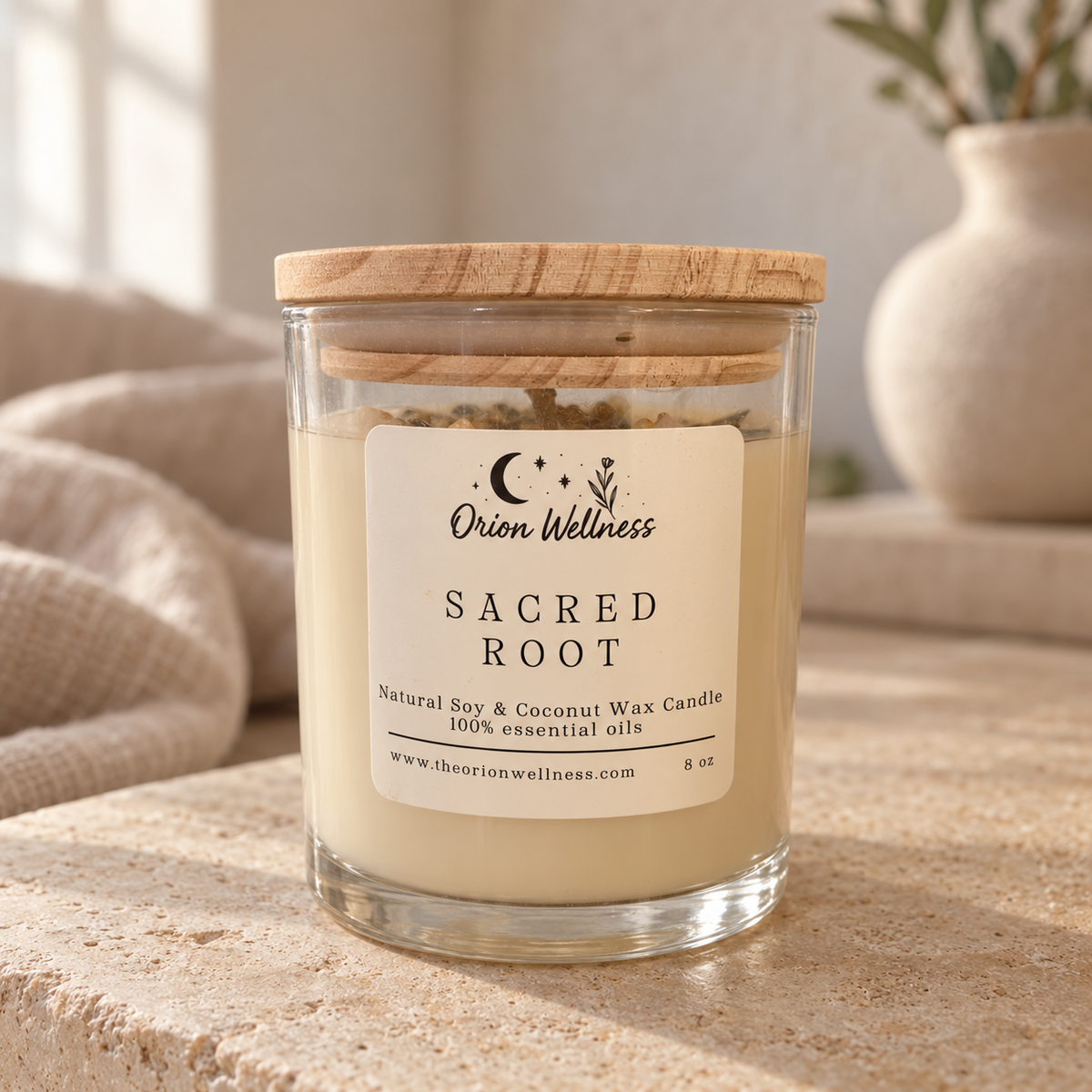 Sacred Root Candle in an earthy home setting