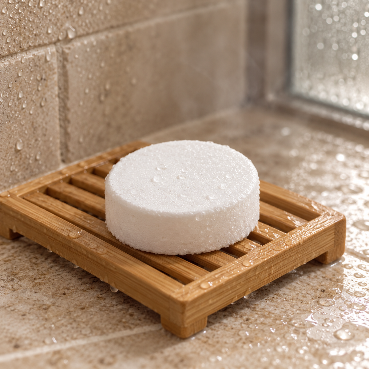 Unwrapped shower steamer on a bamboo tray in the shower